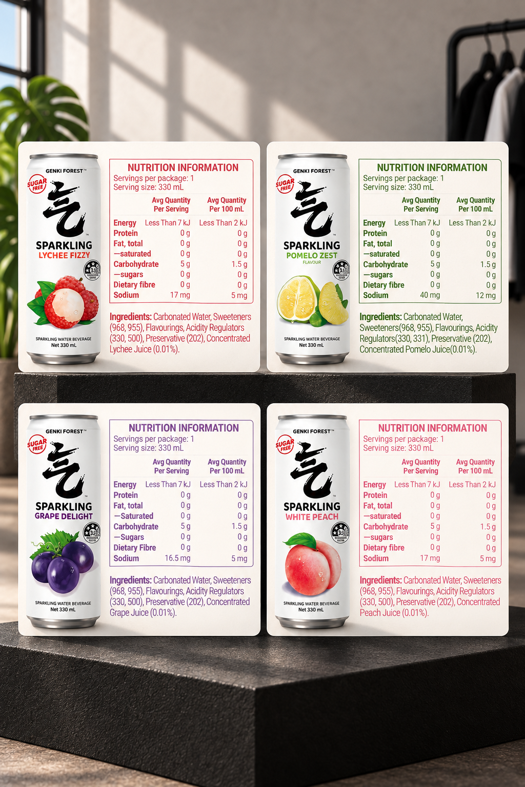 Genki Forest Zero-Sugar Sparkling Water Variety Pack – 4 Flavours, 24 × 330ml Cans